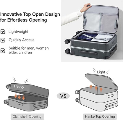 Hanke Top Opening 24 Inch Luggage with Spinner Wheels, Aluminum Frame All-PC Hard Shell Medium Suitcase, Trunk Wide Handle Luggage for Travel, TSA Checked-Medium (Graphite Grey, 69L)