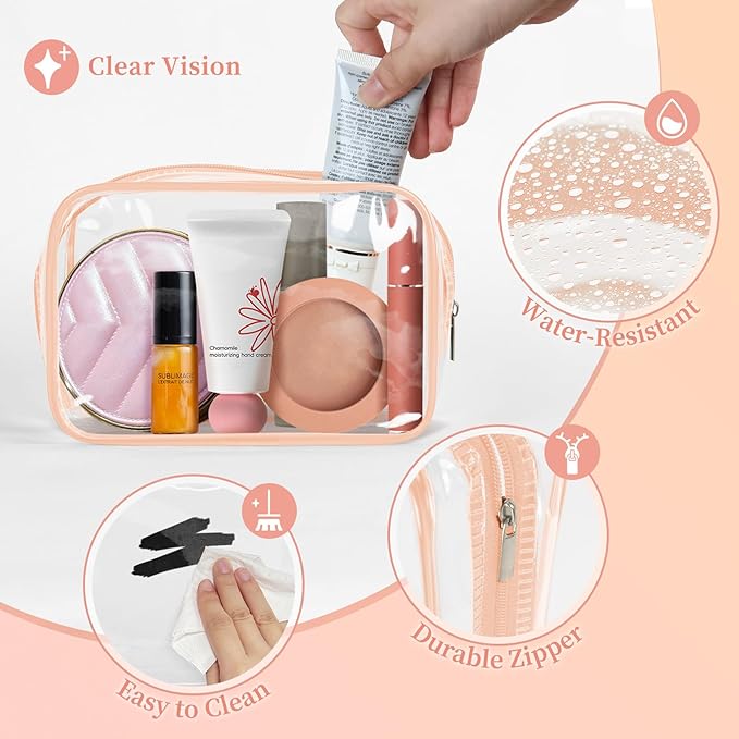 TISRATOK 12 PCS Clear Makeup Bag for Women with Zipper, TSA Approved Toiletry Pouch, Cosmetic Bag Bulk for Travel Organizer Essentials -Orange-pink, Small