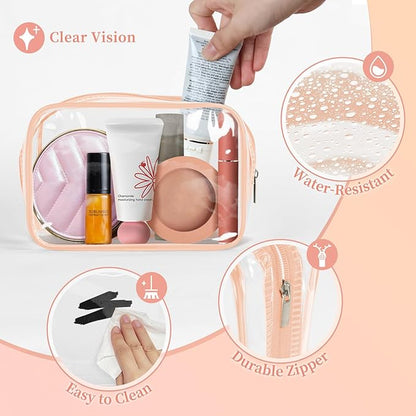 TISRATOK 12 PCS Clear Makeup Bag for Women with Zipper, TSA Approved Toiletry Pouch, Cosmetic Bag Bulk for Travel Organizer Essentials -Orange-pink, Small