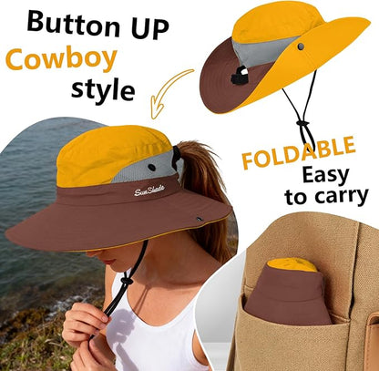 ZOORON Women's Ponytail Safari Sun Hat,Wide Brim UV Protection Outdoor Bucket Hat,Foldable Beach Summer Fishing Hat