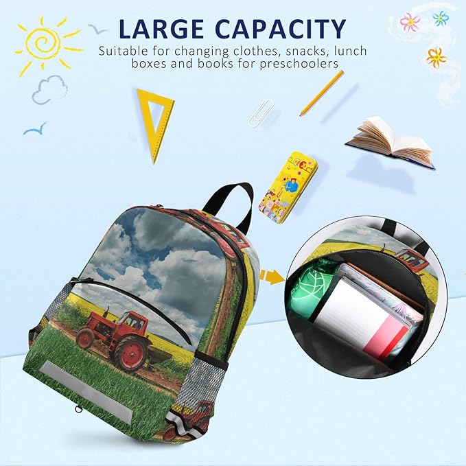Red Tractor in Field Kid's Toddler Backpack for Boys Girls Preschool Nursery with Safety Leash (012214)