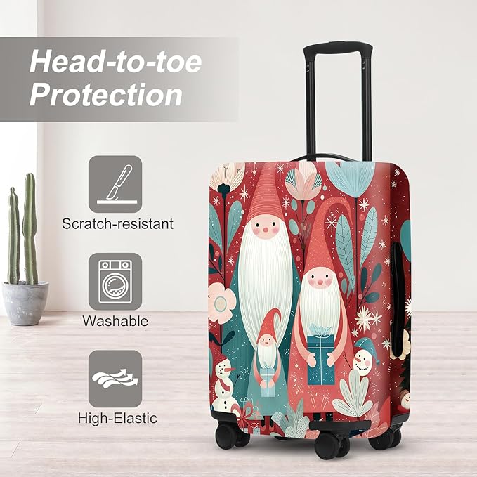 Christmas Gnome Luggage Cover - Red Background with Santa's Helpers, Trees and Snowmen, Elastic Holiday Travel Case for 32 34 Inch Bag