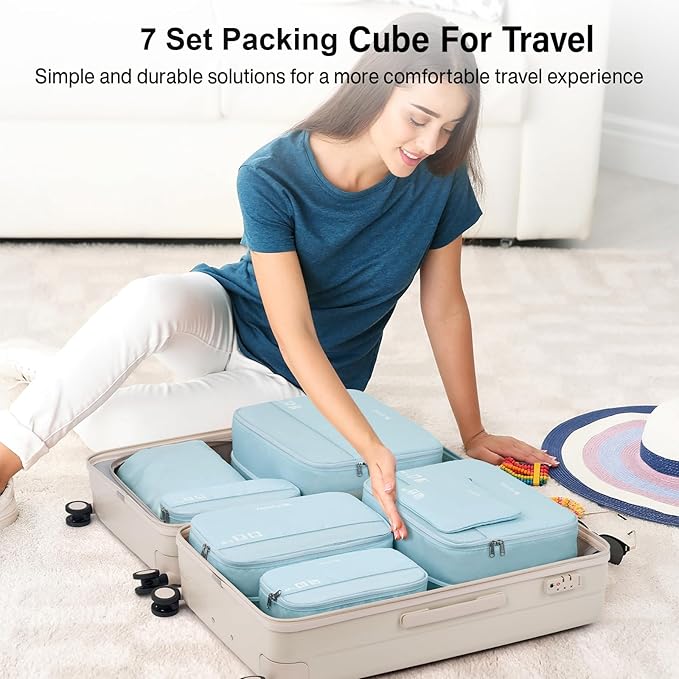 Hanke 7 Set Compression Packing Cubes for Travel, Expandable Large Packing Cubes for Suitcases and Backpack, Luggage Packing Organizer Bags with Double Zipper as Travel Essentials