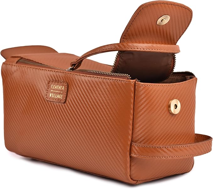 LEATHER VILLAGE Premium Carbon Fiber Genuine Leather Travel Toiletry Bag - Large Dopp Kit, Water-Resistance Bathroom Kit & Shaving Organizer for Men & Women - Tan