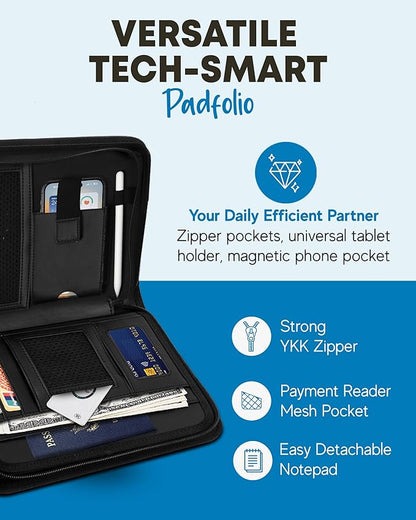 BizMate PRO Zippered Portfolio Organizer with 9-10.5" Conference Folder/Padfolio Tablet Holder, A5 Notebook | Multiple Pockets, Leather Finish, Eco-Mailer