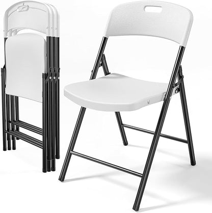Bonnlo 4-Pack White Plastic Folding Chairs, Portable Seat with Sturdy Steel Frame for Indoor & Outdoor Use, Perfect for Banquet, Party, Wedding, Office, and Camping
