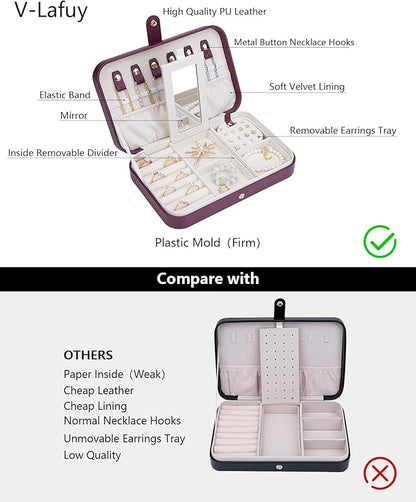 Jewelry Travel Organizer, Travel Jewelry Box Portable, Small Travel Jewelry Case with Mirror, PU Leather Small Jewelry Box for Women, Burgundy Red B