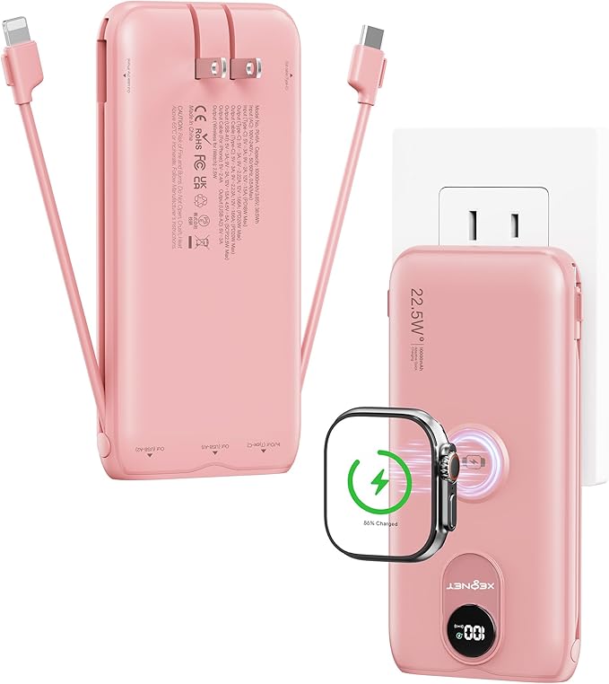 Portable Charger, 10000mAh 22.5W Fast Charging Power Bank with Built in Cable & Wall Plug, Travel Essential Battery Pack with LED Display, External Charger for iPhone 17/16, iWatch 11/10/9/8/Ultra/SE