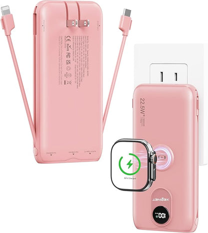 Portable Charger, 10000mAh 22.5W Fast Charging Power Bank with Built in Cable & Wall Plug, Travel Essential Battery Pack with LED Display, External Charger for iPhone 17/16, iWatch 11/10/9/8/Ultra/SE