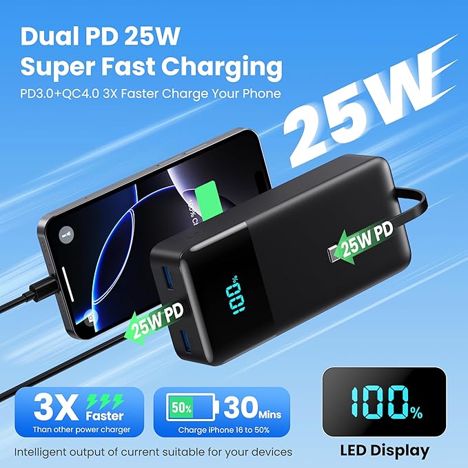 Portable Charger 50800mAh Power Bank with 3 Built in Cables,25W PD QC4.0 Fast Charging USB C Battery Pack,6 Outputs Travel Outdoor Essentials Portable Phone Charger for iPhone 17/16/15,Galaxy,Android