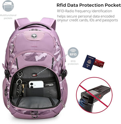 Swissdigital Design Laptop Backpack with USB Charging Port, Travel Backpack Fits 15.6 inches Computer, 31L College School Backpack for Men, Pink Camo | SD803-93