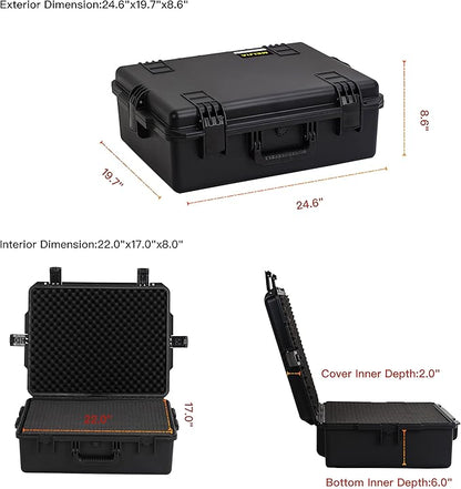 MEIJIA Premium Portable All Weather Heavy Duty Waterproof Hard Compact Camera Case with Customizable Fit Foam, Lightweight Design,24.6"X19.7"X8.6",Black