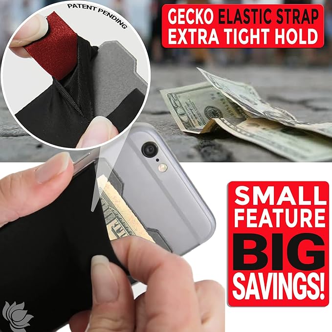 Gecko Travel Tech Double Pocket - Adhesive Card Holder - Cell Phone Pouch - Stick on Spandex Pocket - Carry Credit Cards and Cash (Lotus)