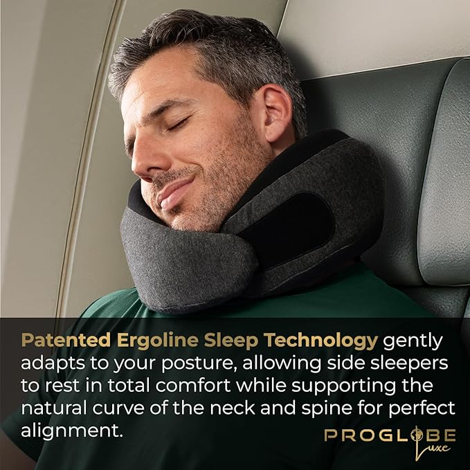 Proglobe Ash Black Memory Foam Travel Neck Pillow for Airplanes, Compact Plane Cushion for Long Flights with Soft Chin Support and Compression Bag, Comfortable Lightweight Air Travel Accessory