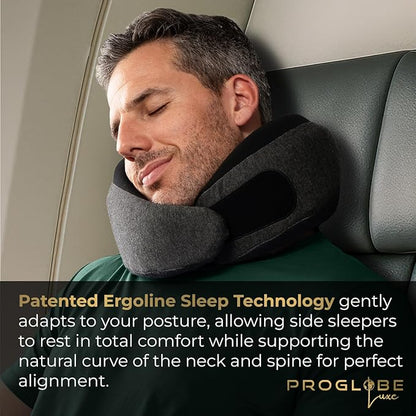 Proglobe Ash Black Memory Foam Travel Neck Pillow for Airplanes, Compact Plane Cushion for Long Flights with Soft Chin Support and Compression Bag, Comfortable Lightweight Air Travel Accessory