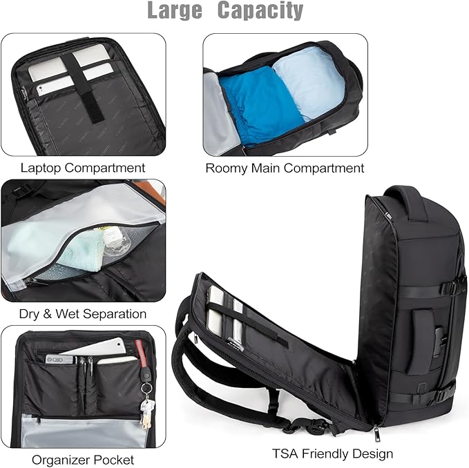 Tzowla 40L Expandable Travel Laptop Backpack for Men Women Carry on Flight Approved,Large Capacity Anti Theft Backpacks with USB/Type C Charging Port,Personal Item Bag Fit 17.3" Computer（Black