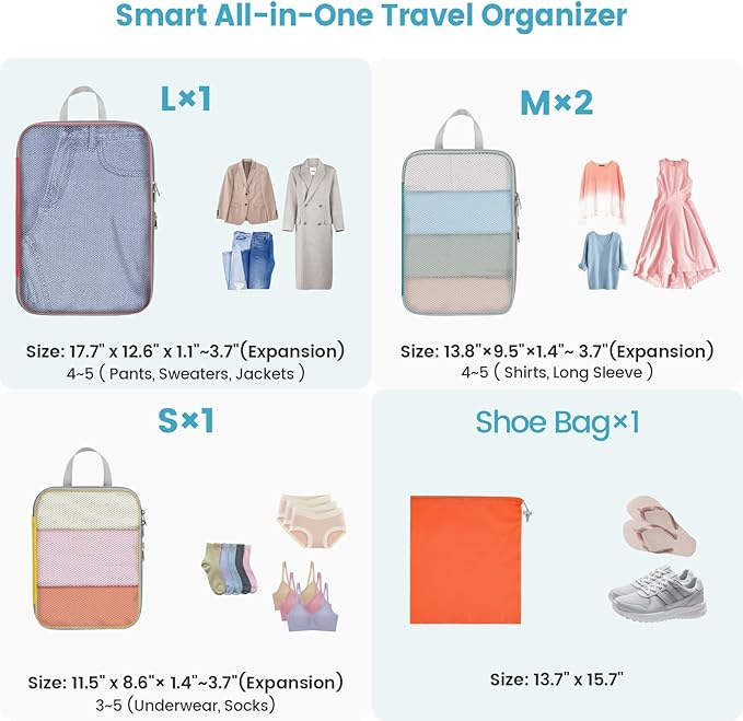 Cambond Compression Packing Cubes for Travel Women - Expandable Travel Bags Luggage Organizers Travel Essentials Compression Cubes for Travel Carry on Suitcases Organizer