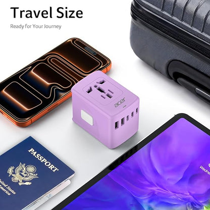 Acer Universal Travel Plug Adapter - International Power Adapter with 5 USB Ports (3 USB C) 5.8A, Worldwide Outlet Charger for USA to European UK France Germany Spain, Type C/E/F/G/I/L/A, Purple