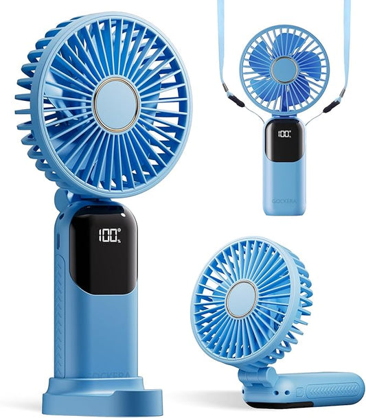 Portable Fan, 4200mAh Battery Operated Fan, 5 Speeds&Digital Display, Makeup Fans for Women with Base, 180°Foldable 3in1 Handheld/Neck/Desk Fan for Outdoor Indoor,Ultra Quiet (sky blue)