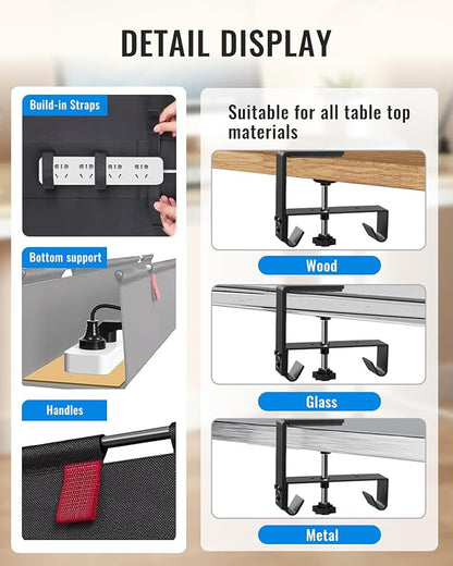 No Drill Cable Management Under Desk, 48" Cord Organizer for Table, Clamp/Screw Mount Cable Tray, Premium Black Fabric Desk Cord Management Tray for Office, Home (Extra Large (48 Inch))
