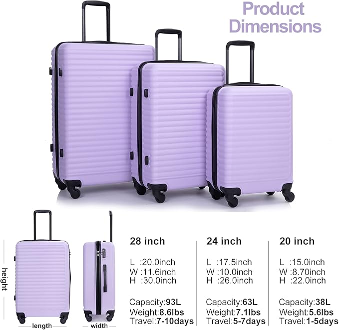 Travelhouse Luggage Sets, Expandable Hardside Suitcases 24in/28in, Carry on 20in,3 Piece Set Travel Luggages Clearance with Double Spinner Wheels TSA Lock Lightweight