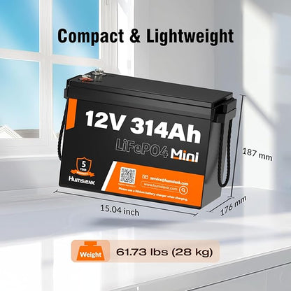 HumsiENK 12V 300Ah (314Ah) LiFePO4 Lithium Battery,Mini Size,200A BMS with Bluetooth,15000+ Deep Cycle 300Ah Lithium Rechargeable Battery,Max. 4019Wh Energy for RV, Marine and Off Grid Applications