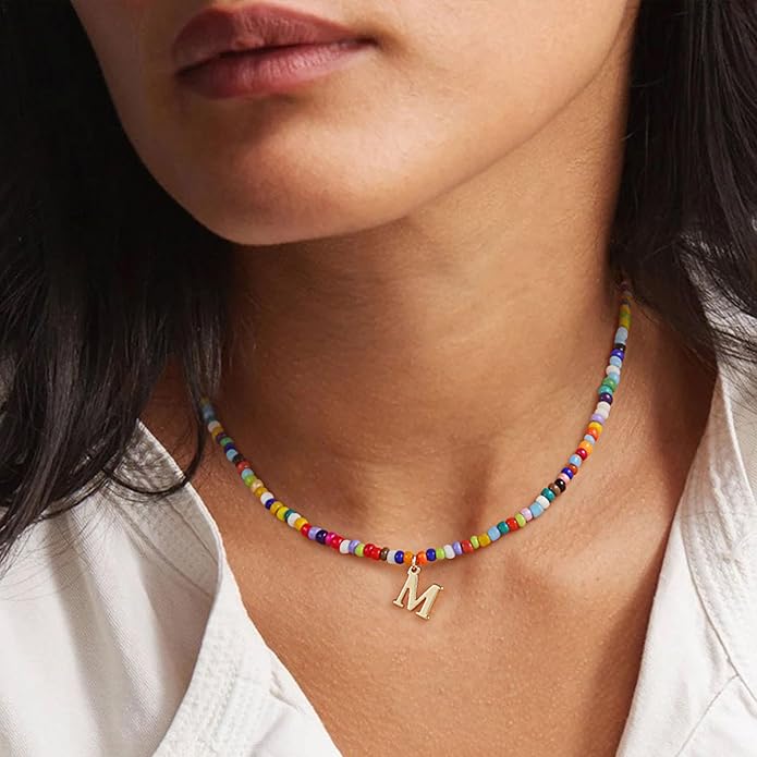 Yoosteel Christmas Gifts for Teen Girls Grandkids - Colorful Beaded Initial Necklace for Girls Jewelry A-Z Letter Choker Necklace Birthday Gifts Stocking Stuffers for Teenage Girl Women Gifts