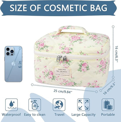 Large Travel Quilted Makeup Bag for Women,Big Floral Cotton Cosmetic Bag, Cute Coquette Aesthetic Floral Toiletry Organizer Bag (Pink pattern)