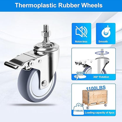 4 inch Stainless Steel Caster Wheels Heavy Duty, 1/2"-13x1-1/2 Threaded Stem Casters with Brake, Rust Resistant, Non-Marking TPR Rubber Wheels for Hospital, Lab,Furniture,Restaurant