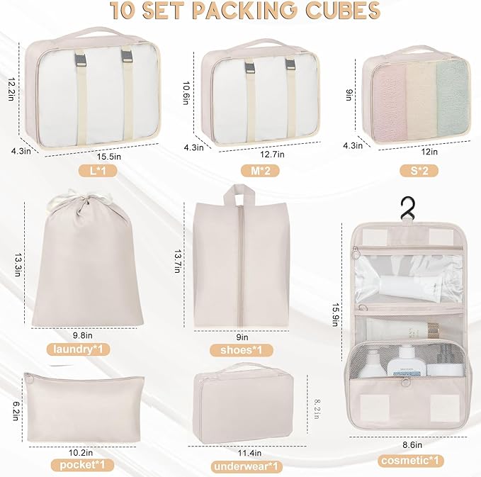 10 Set Packing Cubes for Travel, Travel Organizer with Hanging Toiletry Bag and Shoe Bag, Luggage Organizer Bags for Travel Essentials Women Men