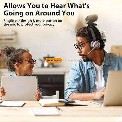 Wireless Headset with Mic for Work, Wireless Headset with Microphone (Noise Cancelling & Mute Button, USB Dongle & Charging Base), Bluetooth Headphones for Home/Office/Computer/Laptop/Phone/Teams/Zoom