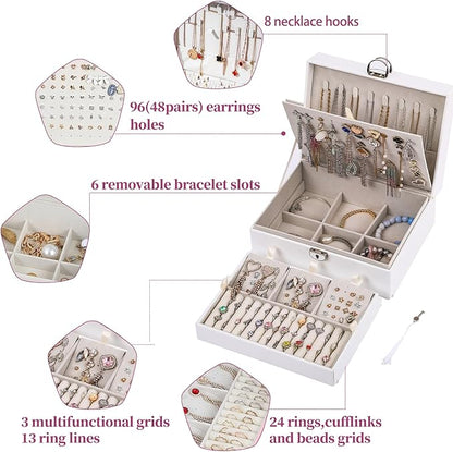 BOOVO Earring Jewelry Box For Women Girl Stud Organizer, 4 Layers Girl Jewelry Organizer Box With Lock Earring Holder Organizer Necklace Ring Jewelry Organizer Box For Girls (White, 4 layer)