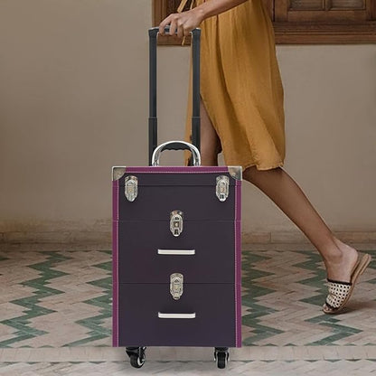 Rolling Makeup Case w/ 2 Keys, 3-tier Lockable Makeup Train Case w/ Drawers, Removable Baffle Nail Polish Organizer, Travel Cosmetic Case w/ 17.7in Telescopic Rod, 14.1*9*22.4in, Silver Latch+Purple