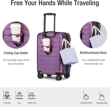 KYME Carry On Luggage 22x14x9 Airline Approved with TSA Lock Hardshell Expandable 20 Inch Luggage Carry On Suitcase with Wheels Small Travel Rolling Luggage with Cup Holder for Women Dark Purple