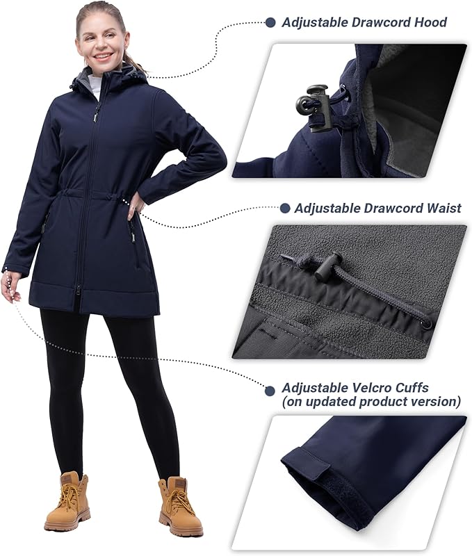 Outdoor Ventures Women's Softshell Jacket with Removable Hood Fleece Lined Windbreaker Insulated Long Warm Rain Jacket