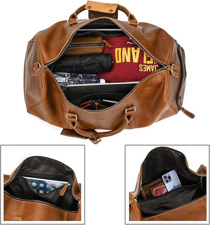 Full-grain Leather Travel Bag Large Capacity Duffel Luggage Bag with Shoe Compartment for Men Shoulder Handbag for Weekend Holiday Business Trip, Light Brown
