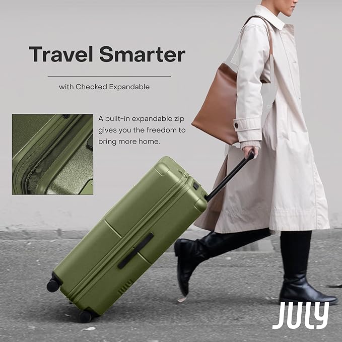 Checked Expandable - 24.5" Airline Approved Check In Luggage with Wheels, Spinner Suitcase for Men & Women - TSA Lock Rolling Suitcase, Spinner Wheels, Expansion Zip, Y-Strap - Moss