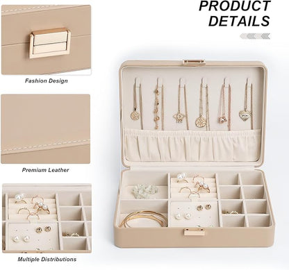 Leather Jewelry Box Elegant Small Jewelry Chest for Women Gift Box for Necklace, Ring, Earring Storage Portable Design for Travel & Home Use Apricot