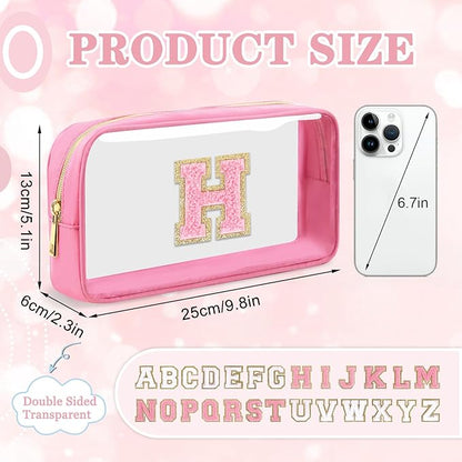 Small Clear Personalized Initial Makeup Bag,Nylon Preppy A-Z Chenille Letter Patch Cosmetic Pouch Beach Toiletry Bag,Waterproof Zipper Travel Purse Storage Bag Organizer for Women Girls(Pink-Pink H)