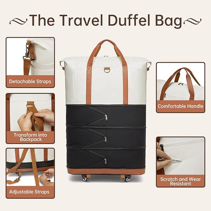 seyfocnia Travel Duffle Bag with Wheels Expandable, Foldable Duffle Bags for Travel Duffel Bag with Wheels and Handle Rolling Duffel Bag Collapsible Carry-On Luggage Weekend Overnight Bags-Black