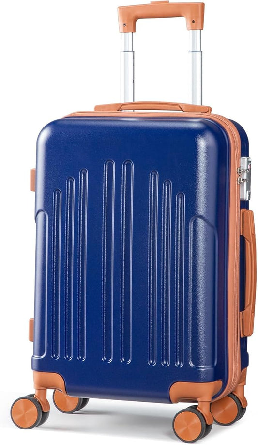 Karl home Carry On Luggage 22x14x9 Airline Approved, ABS Hardshell Suitcase with TSA Lock & Spinner Wheels, Durable Small Suitcase Rolling Luggage for Business Travel, Navy Blue & Brown