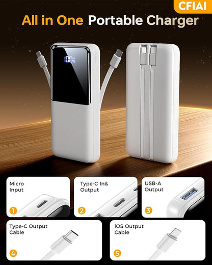 Portable Charger Power Bank - 15,000mAh Battery Pack Portable Phone Charger with Built in Cable 22.5W Fast Charging Powerbank Compatible with iPhone Android Samsung Phone, Travel Camping Essential