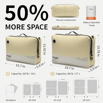 Vacuum Compression Bags for Travel with Pump Reusable for Carry-on Suitcase Backpack Home Storage, IP67 Waterproof, Wide Opening, Transparent Window (2 Pack + Pump Beige)