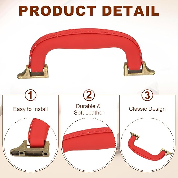 uxcell 2 Pcs PU Leather Luggage Handle, 0.9" Hole Distance Vintage U-Shape Replacement Strap Handle for Travel Handbag Guitar Musical Box Gift Boxes, Red/Bronze