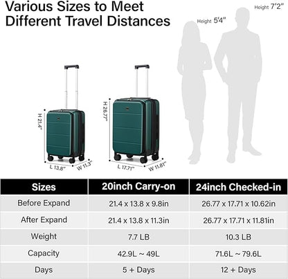 MILADA 24 Inch Expandable Top Opening Luggage with Spinner Wheels Medium Checked Suitcase with Wheels Hard Shell Trunk Suitcase TSA Approved Luggage for travel, Blackish Green