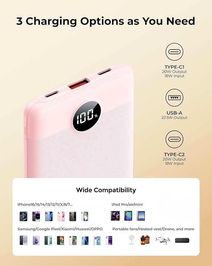 Small Portable Charger 10000mAh, Mini Power Bank with LED Display, 22.5W PD Fast Charging USB-C Battery Pack, Compact Lightweight Travel Charger Compatible with iPhone Samsung Android, Pink