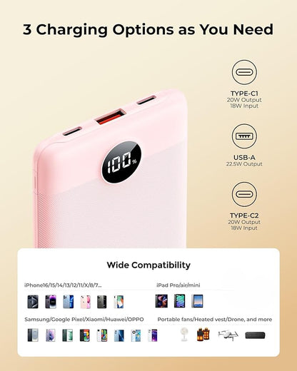 Small Portable Charger 10000mAh, Mini Power Bank with LED Display, 22.5W PD Fast Charging USB-C Battery Pack, Compact Lightweight Travel Charger Compatible with iPhone Samsung Android, Pink