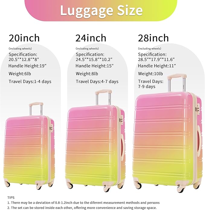 Merax Suitcase Set, Hardshell Luggage Sets 3 Piece with Spinner Wheels, Expandable Gradient Color Suitcase with TSA Lock Lightweight 20" 24" 28", Pink and Green