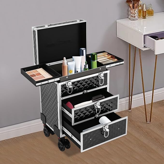 Aluminum Rolling Makeup Train Case, Portable Lockable Makeup Organizer Suitcase, Stylist Cosmetic Luggage Travel Trolley w/4 Removable Wheels & 2 Sliding Drawers