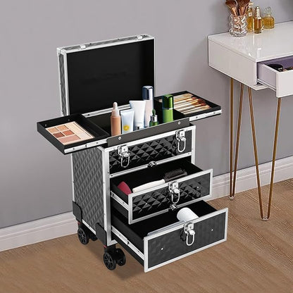 Aluminum Rolling Makeup Train Case, Portable Lockable Makeup Organizer Suitcase, Stylist Cosmetic Luggage Travel Trolley w/4 Removable Wheels & 2 Sliding Drawers
